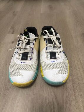 Nike Metcons White Mesh Sneakers with Teal and Yellow Accents